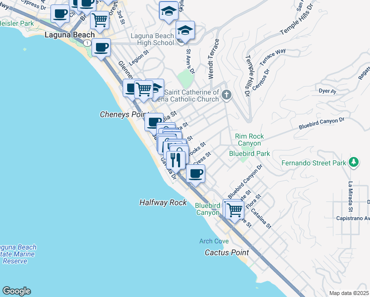 map of restaurants, bars, coffee shops, grocery stores, and more near 1143 Catalina Street in Laguna Beach