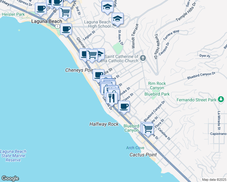 map of restaurants, bars, coffee shops, grocery stores, and more near 1186 Glenneyre Street in Laguna Beach