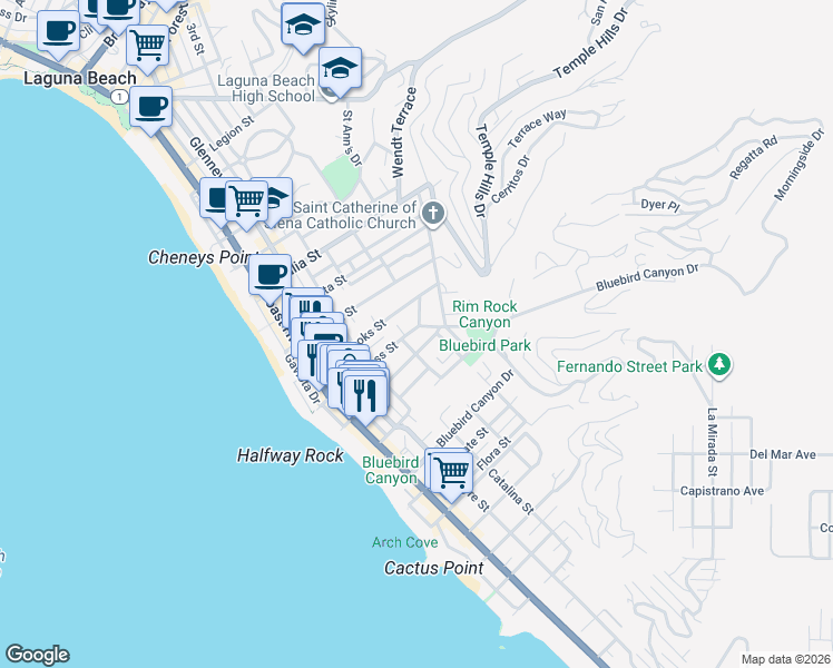 map of restaurants, bars, coffee shops, grocery stores, and more near 500 Mountain Road in Laguna Beach
