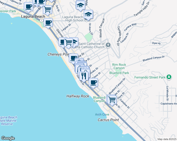 map of restaurants, bars, coffee shops, grocery stores, and more near 1143 Catalina Street in Laguna Beach
