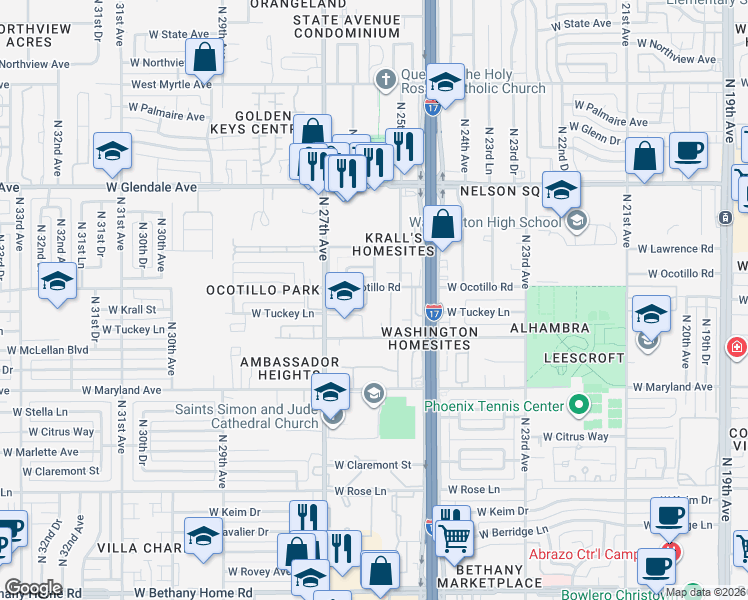 map of restaurants, bars, coffee shops, grocery stores, and more near 2551 West Ocotillo Road in Phoenix