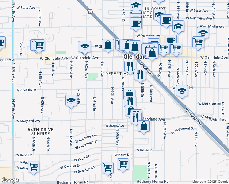 map of restaurants, bars, coffee shops, grocery stores, and more near 6626 North 60th Avenue in Glendale
