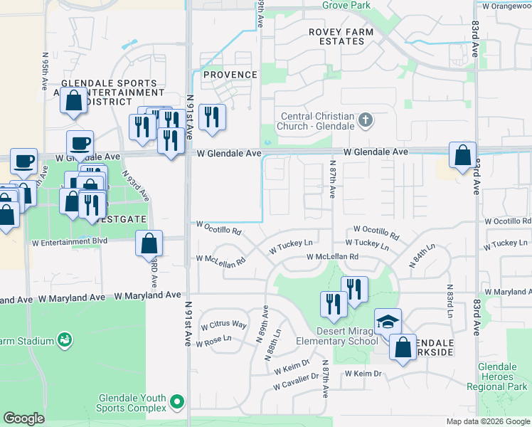 map of restaurants, bars, coffee shops, grocery stores, and more near 6766 North 89th Avenue in Glendale