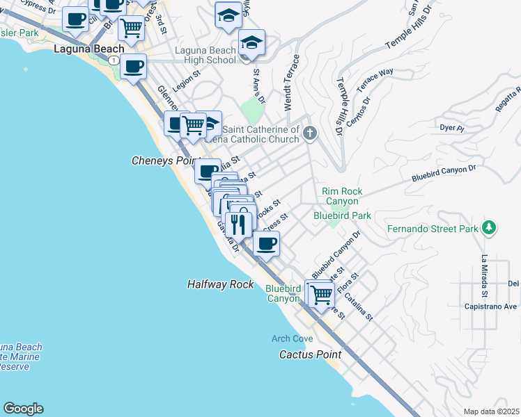 map of restaurants, bars, coffee shops, grocery stores, and more near 1186 Glenneyre Street in Laguna Beach