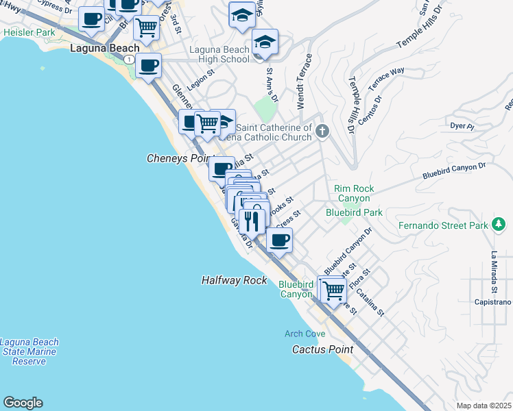 map of restaurants, bars, coffee shops, grocery stores, and more near 1186 Glenneyre Street in Laguna Beach