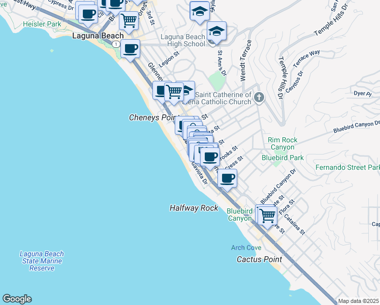 map of restaurants, bars, coffee shops, grocery stores, and more near 1100 South Coast Highway in Laguna Beach