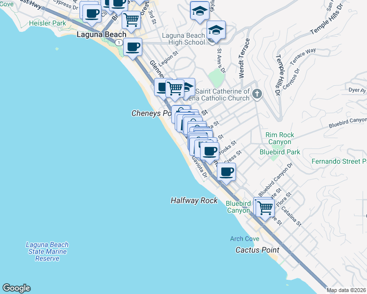 map of restaurants, bars, coffee shops, grocery stores, and more near 1045 Gaviota Drive in Laguna Beach