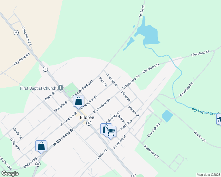 map of restaurants, bars, coffee shops, grocery stores, and more near 2410 Cleveland Street in Elloree