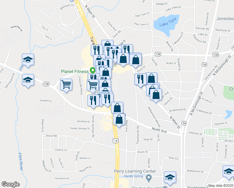 map of restaurants, bars, coffee shops, grocery stores, and more near 8050 Tara Boulevard in Jonesboro