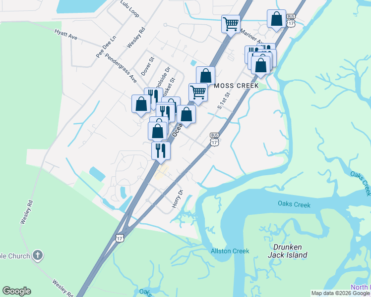 map of restaurants, bars, coffee shops, grocery stores, and more near 5152 U.S. 17 Business in Murrells Inlet