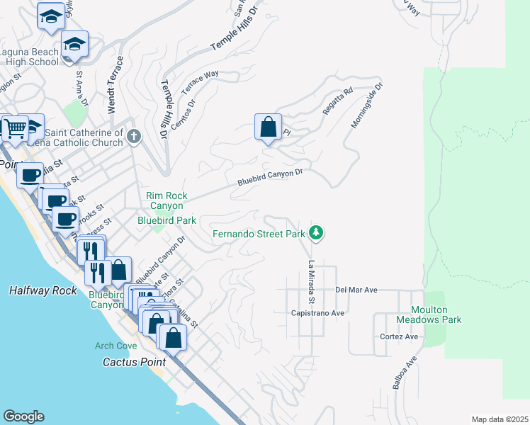 map of restaurants, bars, coffee shops, grocery stores, and more near 951 Summit Drive in Laguna Beach