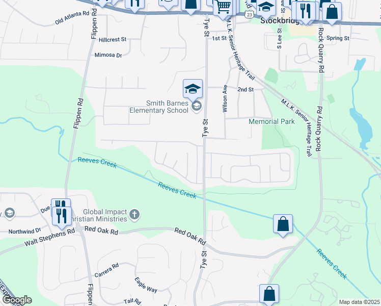 map of restaurants, bars, coffee shops, grocery stores, and more near 424 Tina Hely Court in Stockbridge