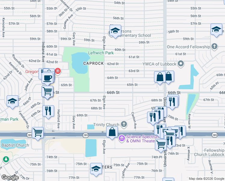map of restaurants, bars, coffee shops, grocery stores, and more near 2828 66th Street in Lubbock