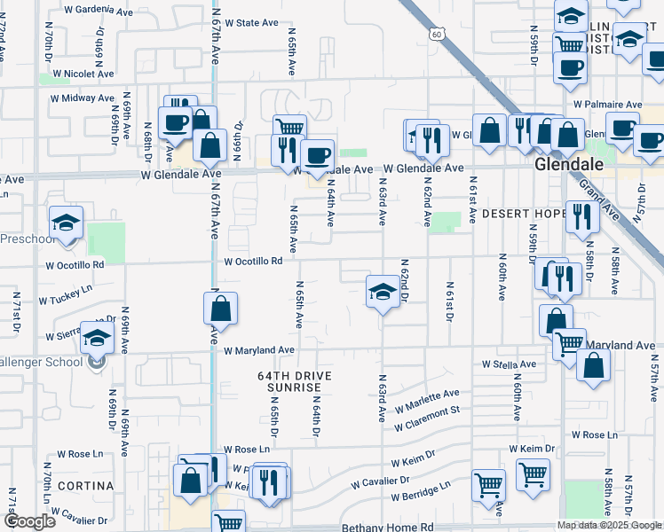 map of restaurants, bars, coffee shops, grocery stores, and more near 6405 West Ocotillo Road in Glendale
