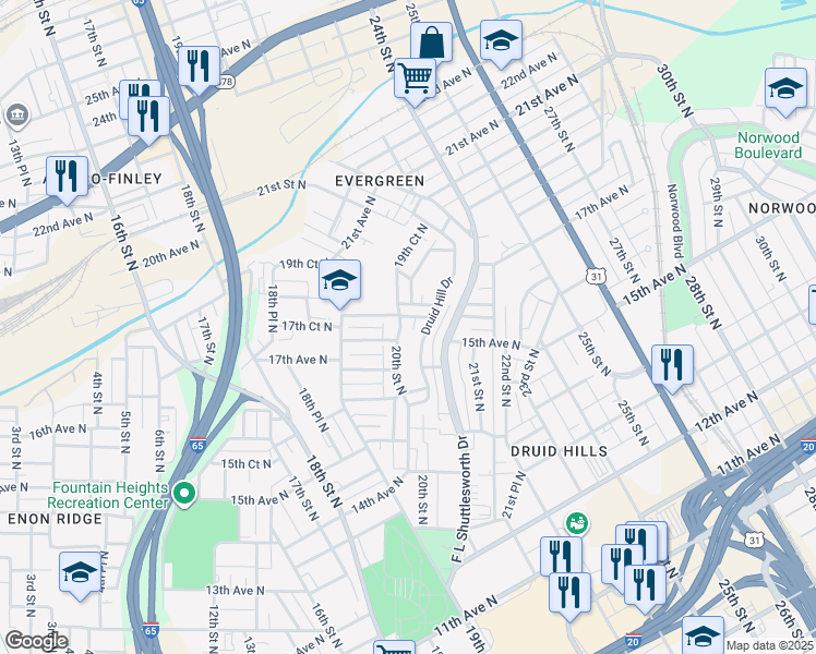 map of restaurants, bars, coffee shops, grocery stores, and more near 1569 20th Street North in Birmingham