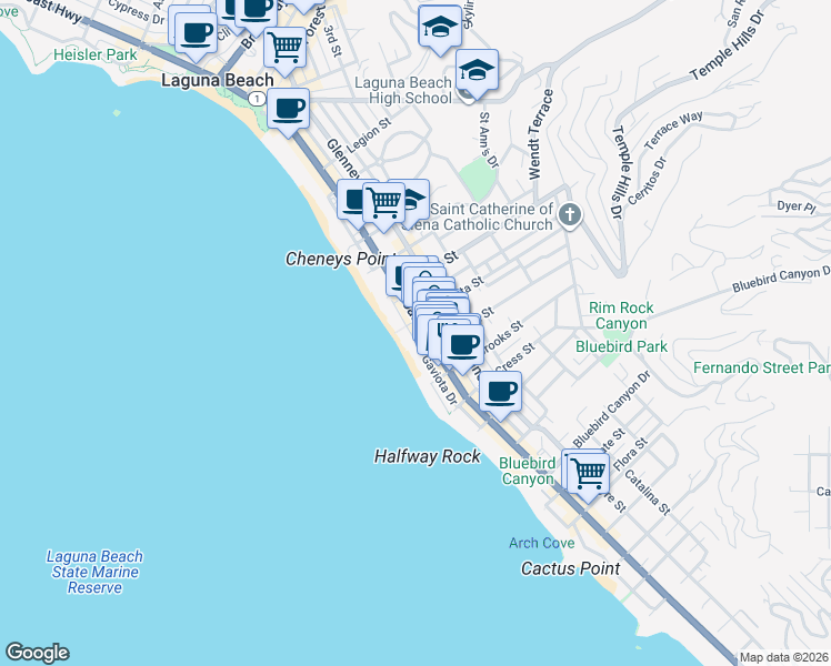 map of restaurants, bars, coffee shops, grocery stores, and more near 1025 South Coast Highway in Laguna Beach