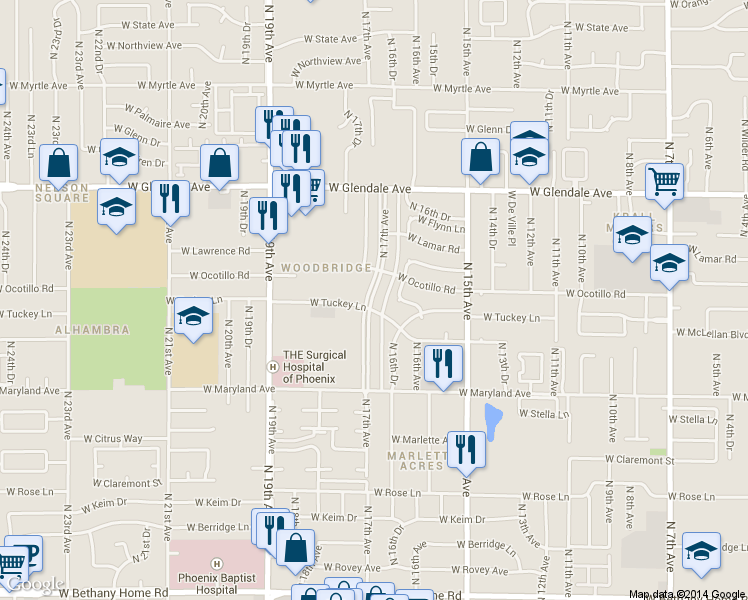 map of restaurants, bars, coffee shops, grocery stores, and more near in Phoenix