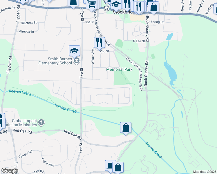 map of restaurants, bars, coffee shops, grocery stores, and more near 139 Misty Ridge Trail in Stockbridge