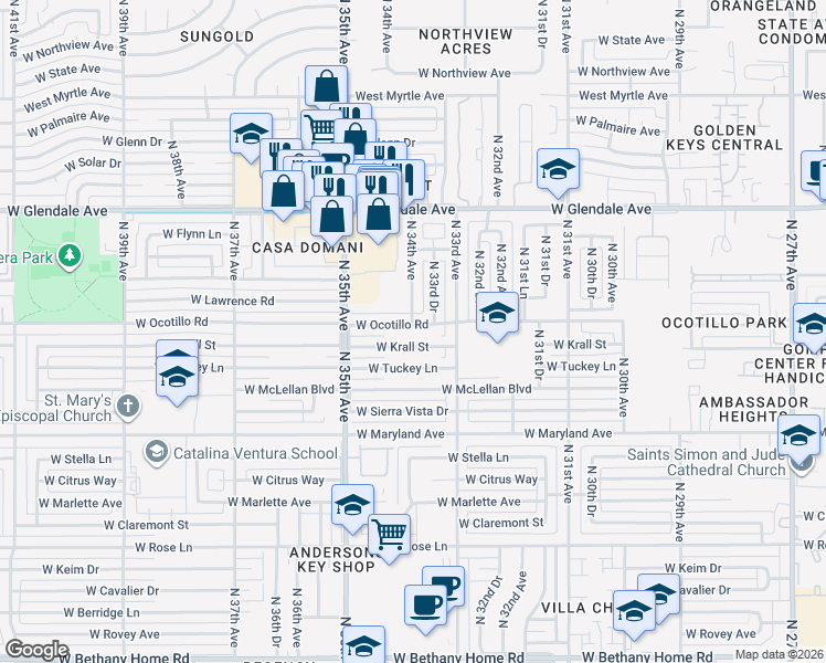 map of restaurants, bars, coffee shops, grocery stores, and more near 3323 West Krall Street in Phoenix