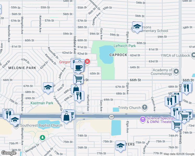 map of restaurants, bars, coffee shops, grocery stores, and more near 3204 66th Street in Lubbock