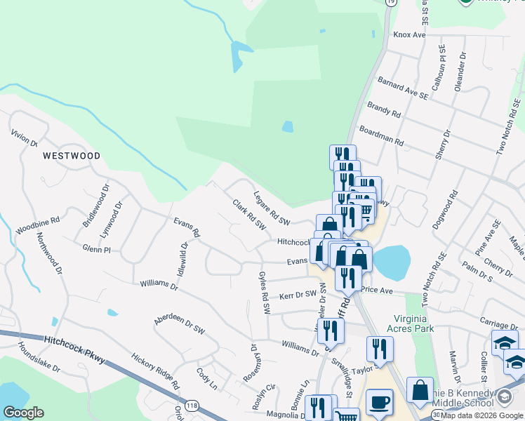 map of restaurants, bars, coffee shops, grocery stores, and more near 1018 Clark Road Southwest in Aiken