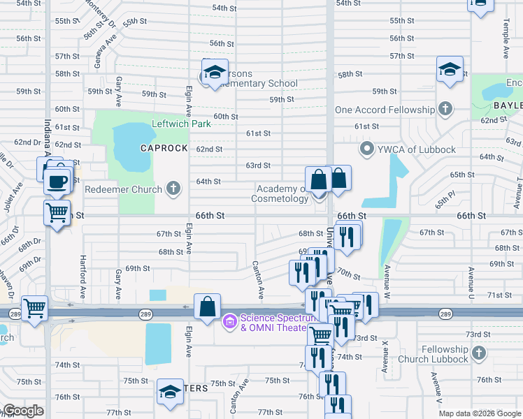 map of restaurants, bars, coffee shops, grocery stores, and more near 2725 66th Street in Lubbock