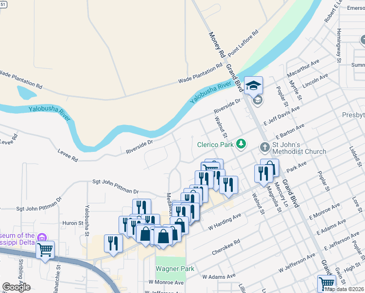 map of restaurants, bars, coffee shops, grocery stores, and more near 1203 Peggy Lane in Greenwood