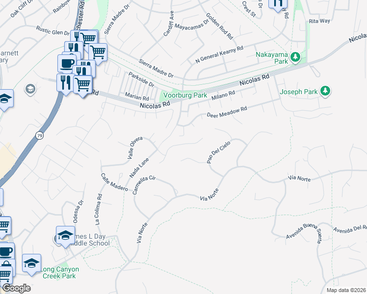 map of restaurants, bars, coffee shops, grocery stores, and more near 30195 Corte Coelho in Temecula