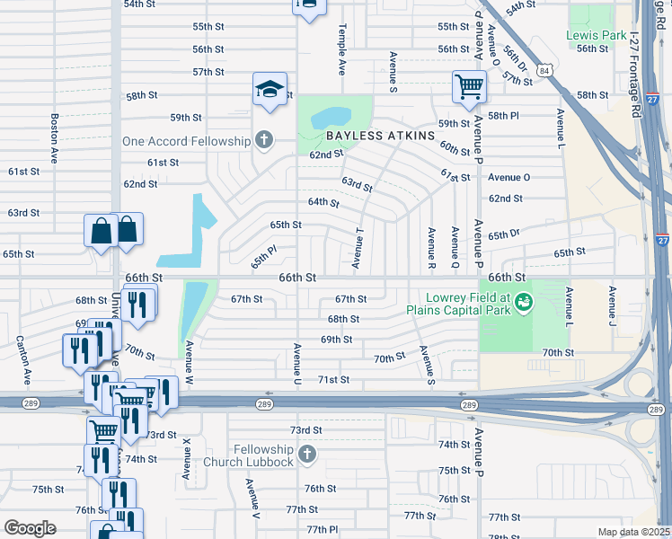 map of restaurants, bars, coffee shops, grocery stores, and more near 1931 66th Street in Lubbock