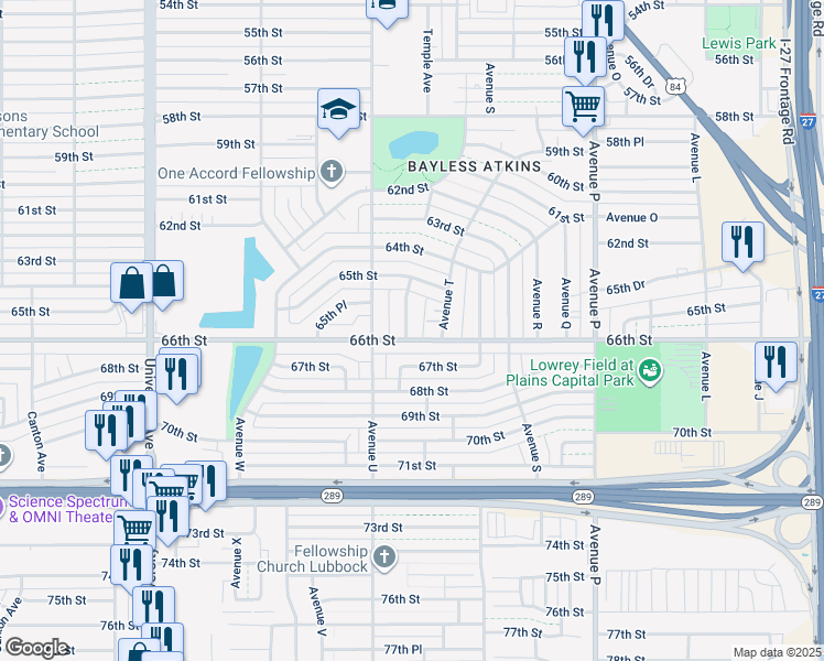 map of restaurants, bars, coffee shops, grocery stores, and more near 1931 66th Street in Lubbock