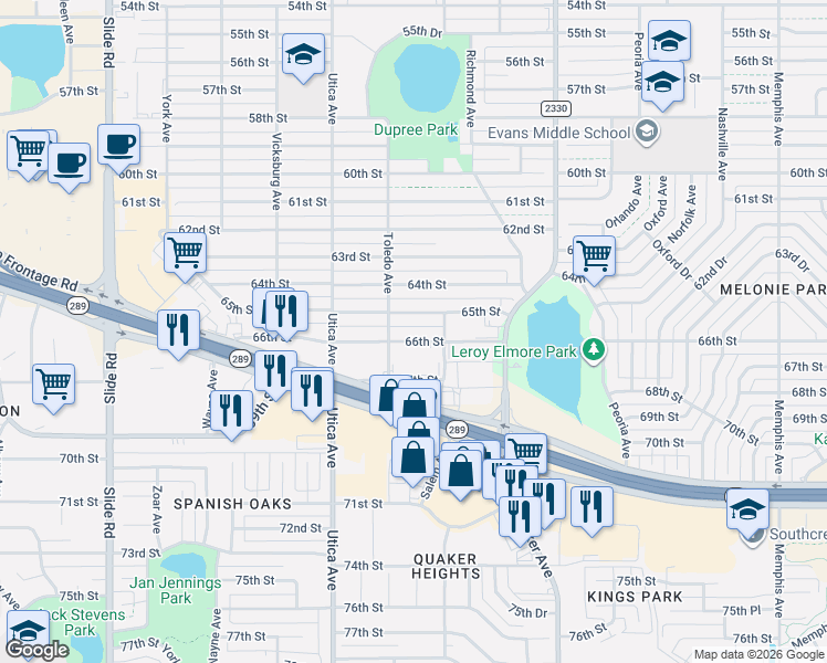 map of restaurants, bars, coffee shops, grocery stores, and more near 4601 66th Street in Lubbock