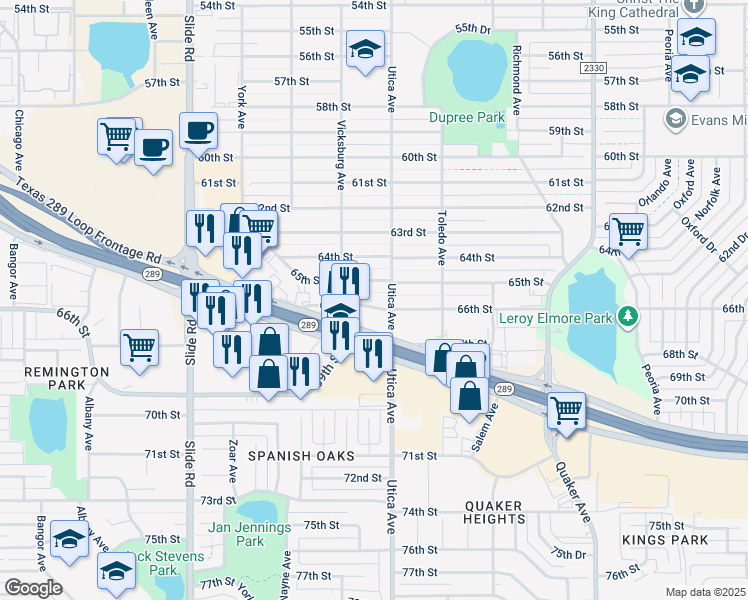 map of restaurants, bars, coffee shops, grocery stores, and more near 4802 South Loop 289 in Lubbock
