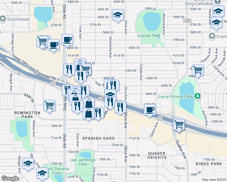 map of restaurants, bars, coffee shops, grocery stores, and more near 4814 South Loop 289 in Lubbock