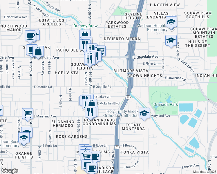 map of restaurants, bars, coffee shops, grocery stores, and more near 6630 North Majorca Way East in Phoenix