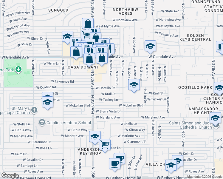 map of restaurants, bars, coffee shops, grocery stores, and more near 3323 West Krall Street in Phoenix