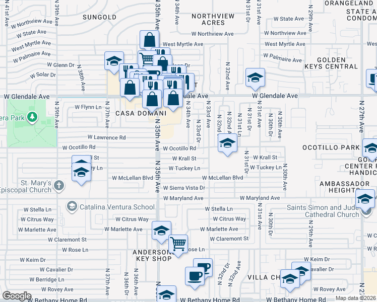 map of restaurants, bars, coffee shops, grocery stores, and more near 3323 West Krall Street in Phoenix