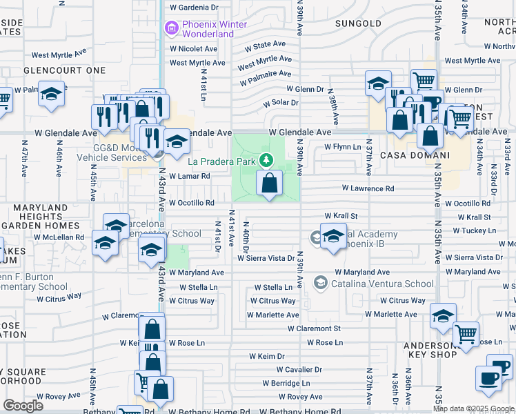 map of restaurants, bars, coffee shops, grocery stores, and more near 6615 North 40th Drive in Phoenix