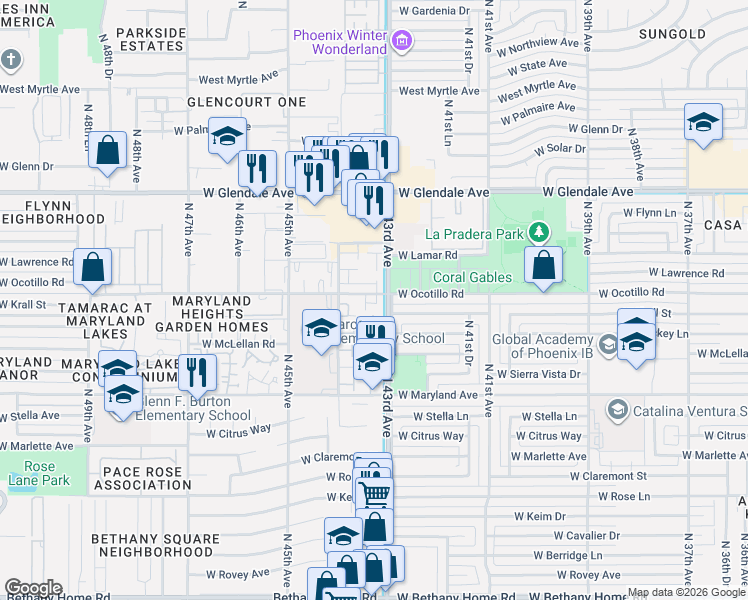 map of restaurants, bars, coffee shops, grocery stores, and more near 6676 North 43rd Avenue in Glendale