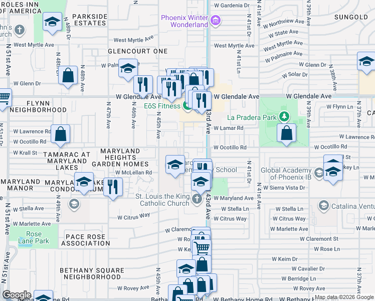 map of restaurants, bars, coffee shops, grocery stores, and more near 6667 North 44th Avenue in Glendale