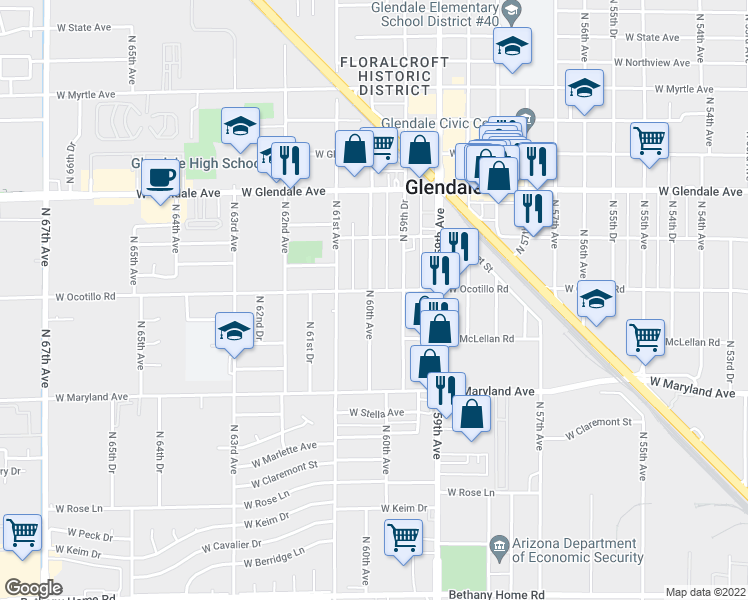 map of restaurants, bars, coffee shops, grocery stores, and more near 6626 North 60th Avenue in Glendale
