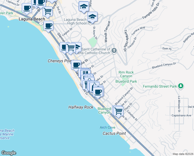 map of restaurants, bars, coffee shops, grocery stores, and more near 440 Cress Street in Laguna Beach