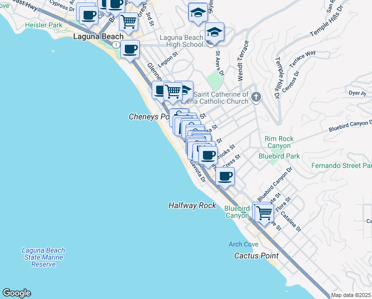 map of restaurants, bars, coffee shops, grocery stores, and more near 1045 Gaviota Drive in Laguna Beach