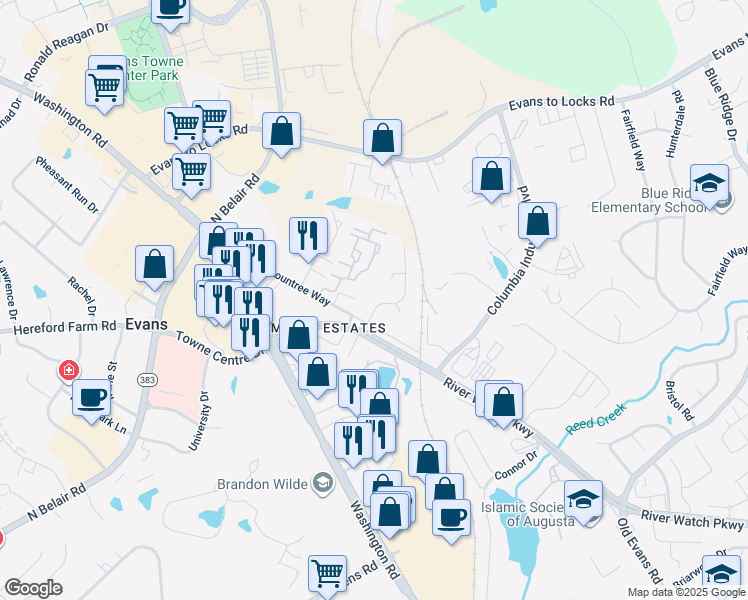 map of restaurants, bars, coffee shops, grocery stores, and more near 516 Rountree Way in Evans