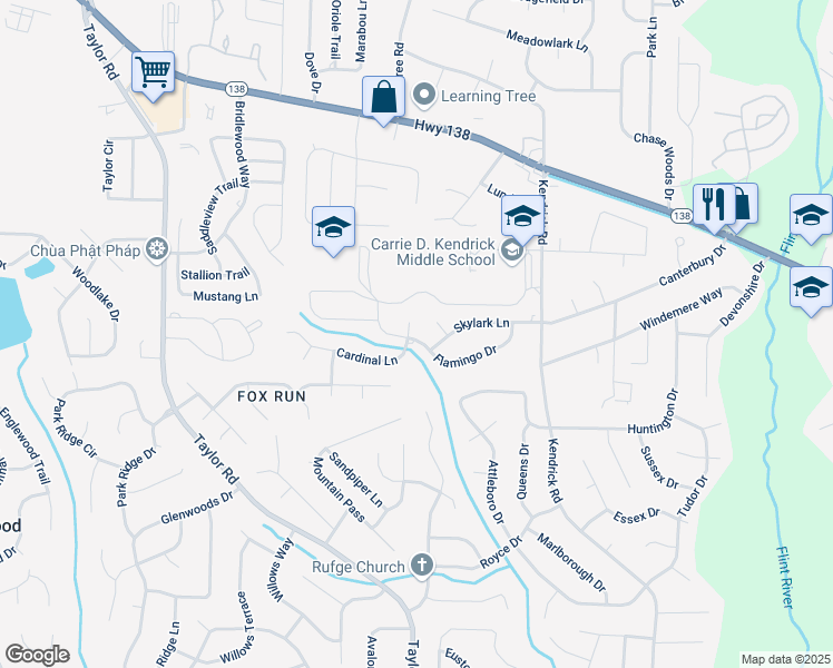 map of restaurants, bars, coffee shops, grocery stores, and more near 22 Cardinal Lane in Jonesboro