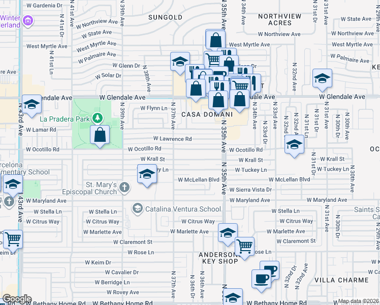 map of restaurants, bars, coffee shops, grocery stores, and more near 3613 West Krall Street in Phoenix