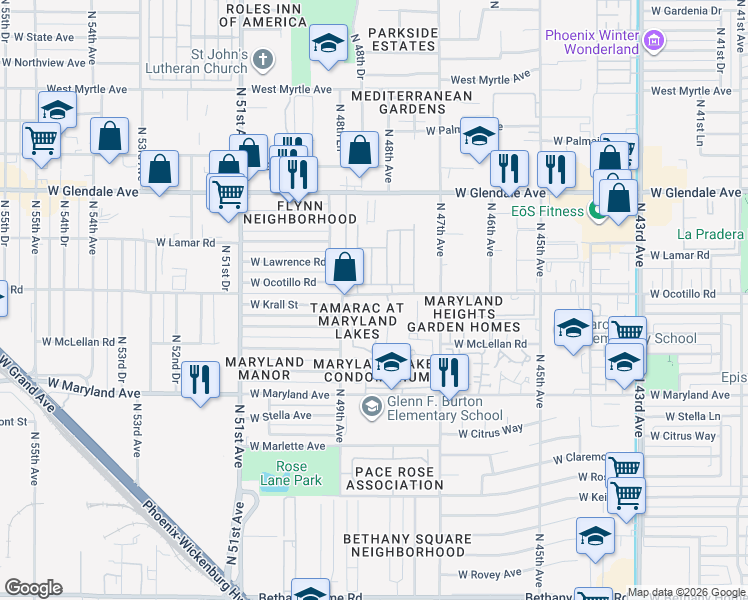 map of restaurants, bars, coffee shops, grocery stores, and more near 4805 West Krall Street in Glendale