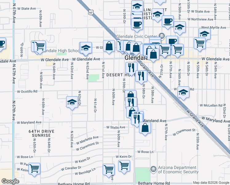 map of restaurants, bars, coffee shops, grocery stores, and more near 6626 North 60th Avenue in Glendale
