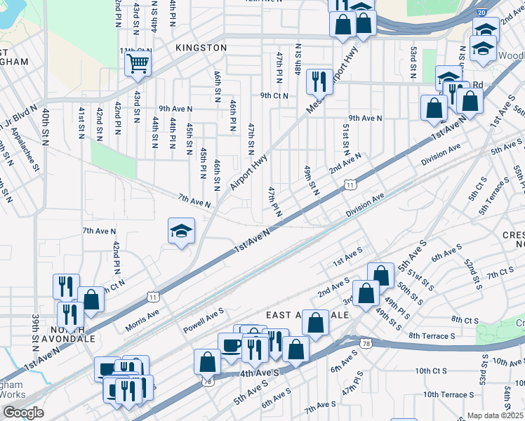 map of restaurants, bars, coffee shops, grocery stores, and more near 2nd Avenue North in Birmingham