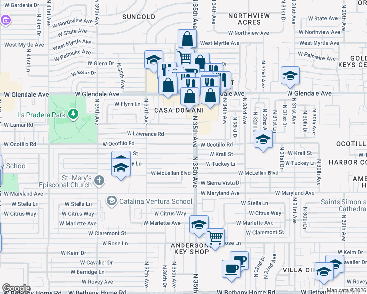 map of restaurants, bars, coffee shops, grocery stores, and more near 3525 West Krall Street in Phoenix
