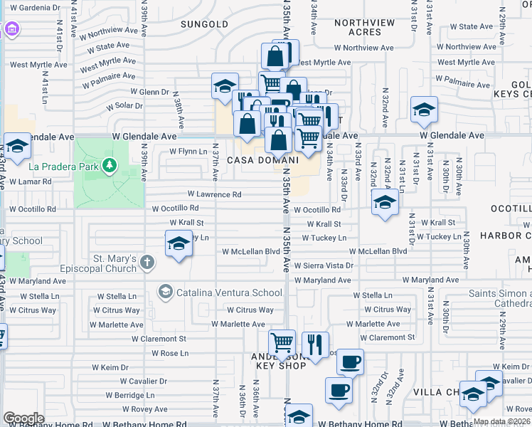 map of restaurants, bars, coffee shops, grocery stores, and more near 3525 West Krall Street in Phoenix